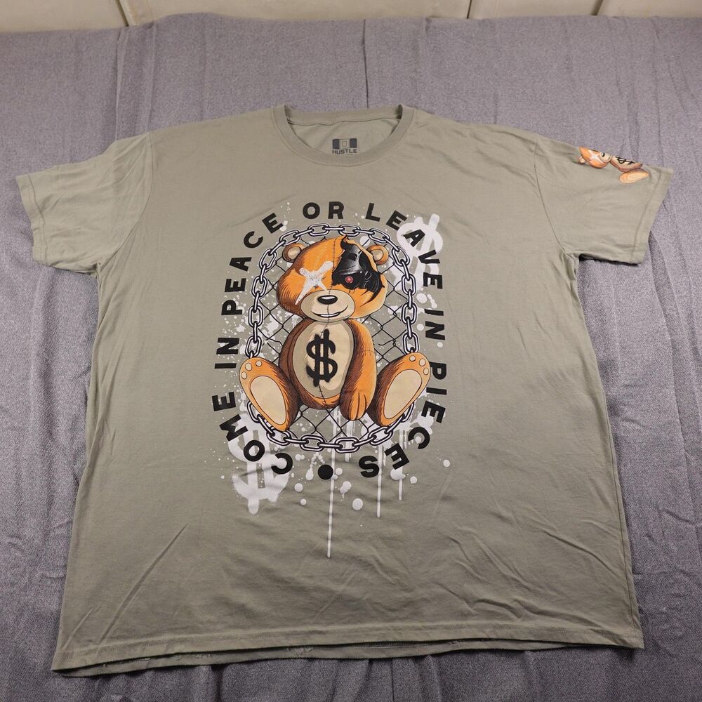 Hustle Shirt Mens 3XL Green Come In Peace Teddy Bear Graphic Streetwear